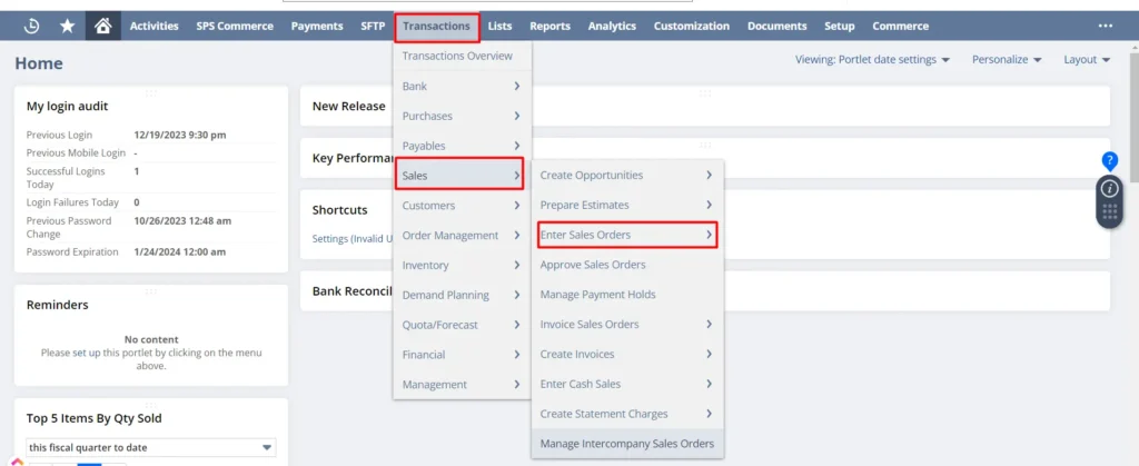 Click on “Transactions” and select “Sales” from the dropdown menu. Now, choose “Enter Sales Orders.”