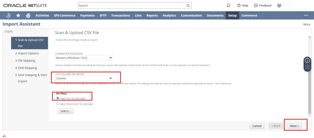 Select “CSV Column Delimiter” as Comma. Also, add how many files you want to upload, whether it is a single file or multiple. 