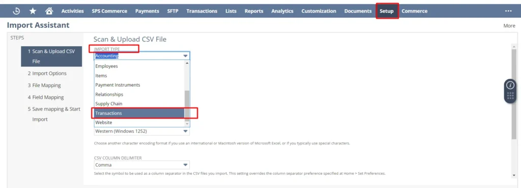 Now, choose the “Import Type” from the drop-down menu. Here, you have to select “Transactions”.