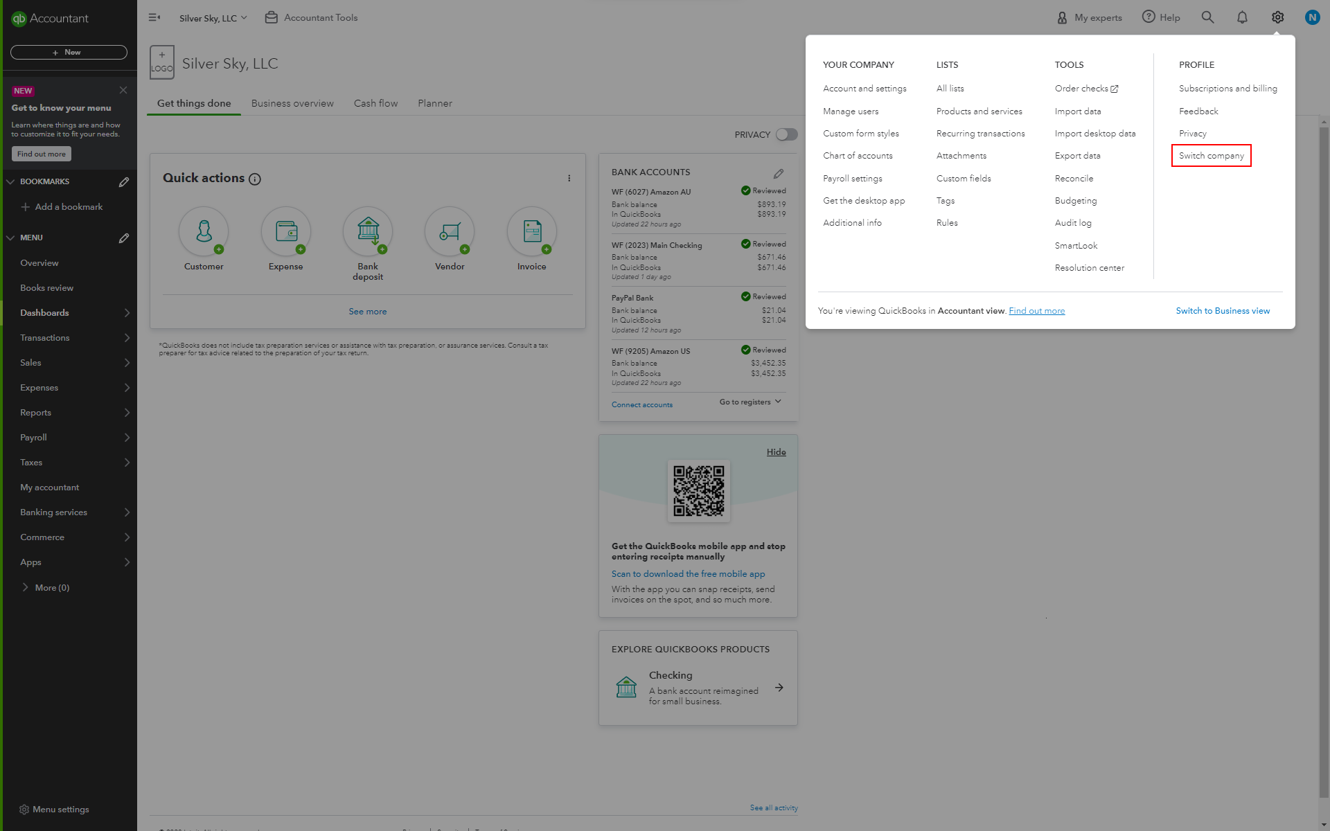 how to switch company in QuickBooks online