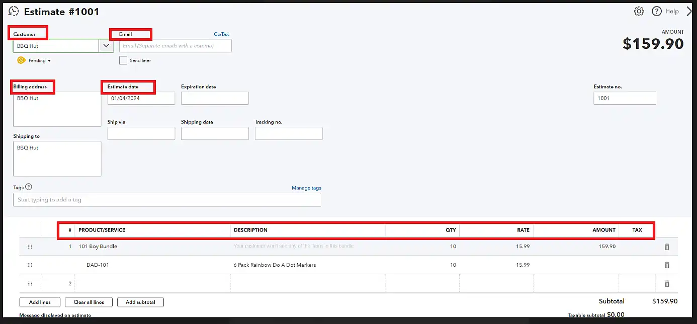 Adding all the Necessary Details in the Estimate