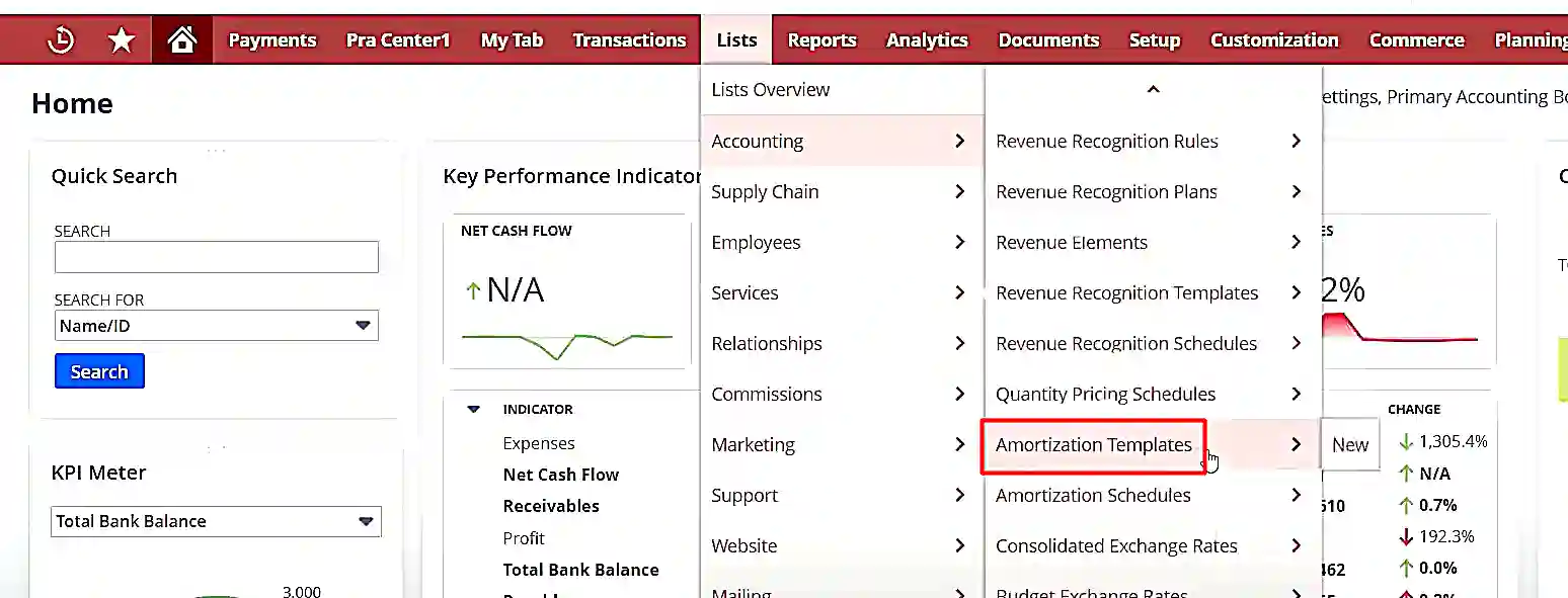 Go to “List” on the NetSuite dashboard. Click on “Accounting” and then “New Amortization Templates”.
