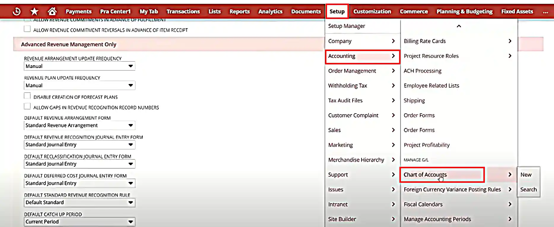 Go to “Setup” tab on NetSuite’s dashboard. Click on “Accounting” and then select Chart of Accounts from the drop-down menu.
