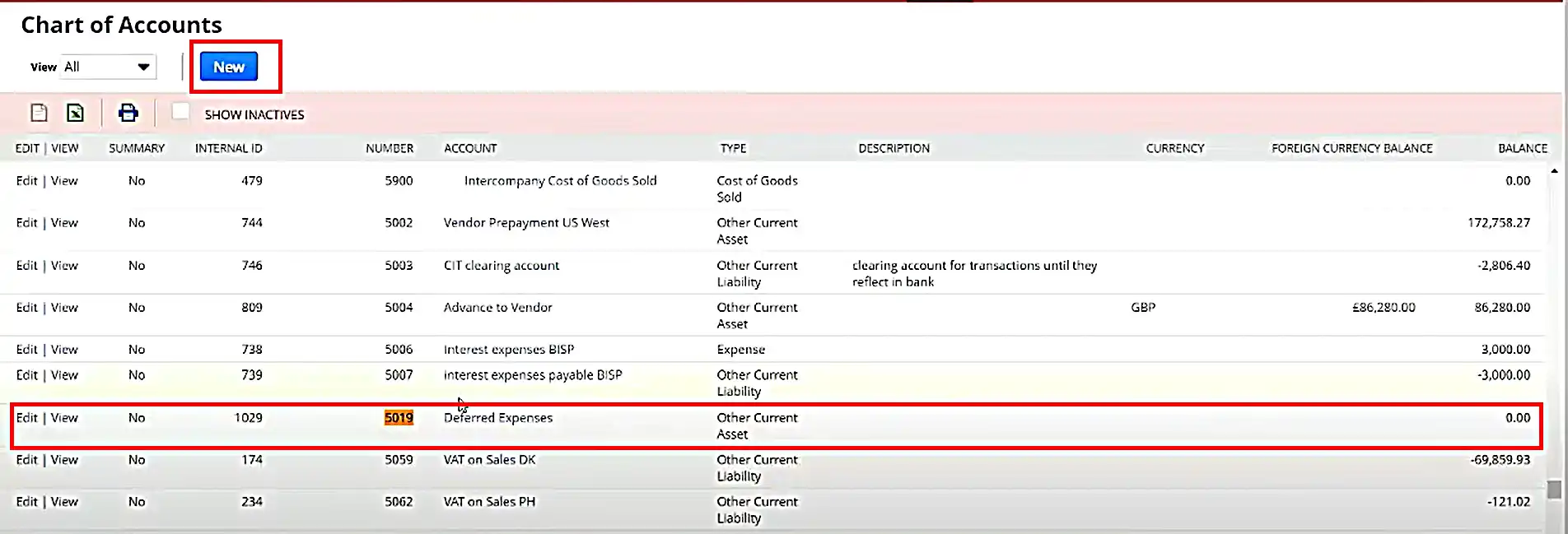 Then, click on “New” to create a separate account in “Chart of Accounts” to track deferring expenses.