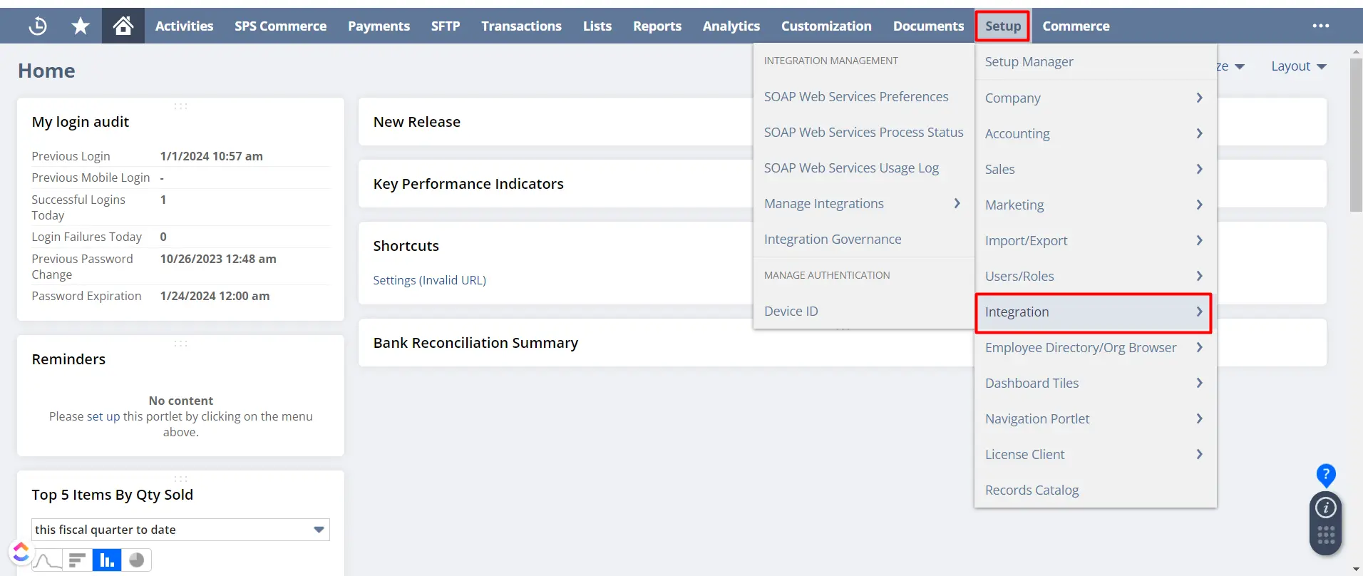 Navigate to Setup on NetSuite dashboard