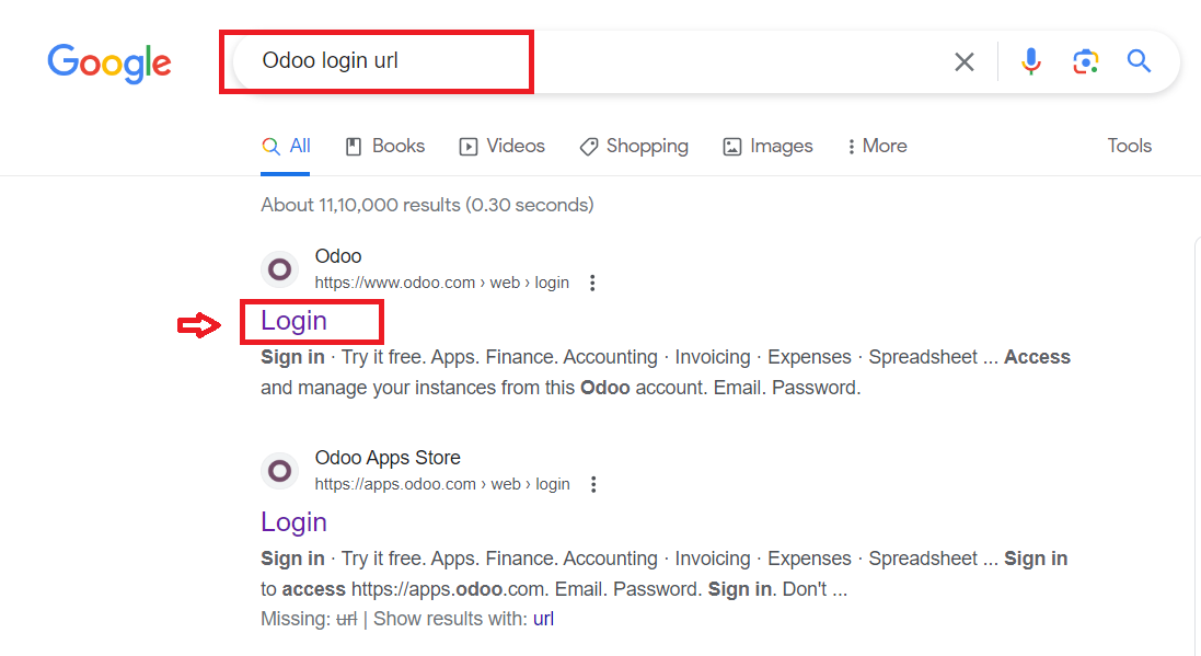 Navigate to the Odoo login page by typing “Odoo login URL” on your web browser
