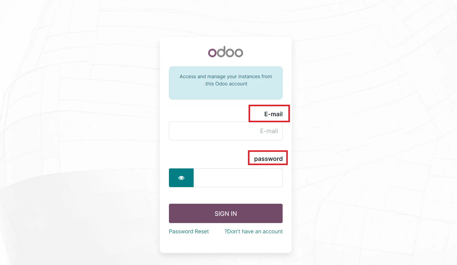 Odoo log in page