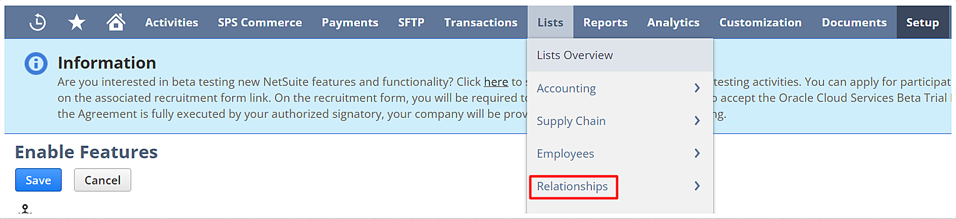 Go to “Lists” on the NetSuite Dashboard. Click on “Relationships”
