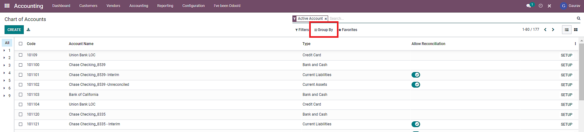 chart of accounts odoo you will see a “Group By” button. Click on it.
