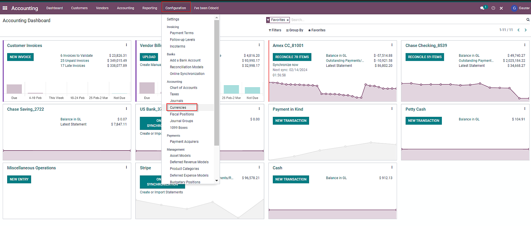 chart of accounts odoo Click on “Configuration” and choose “Currencies” from the drop-down menu.