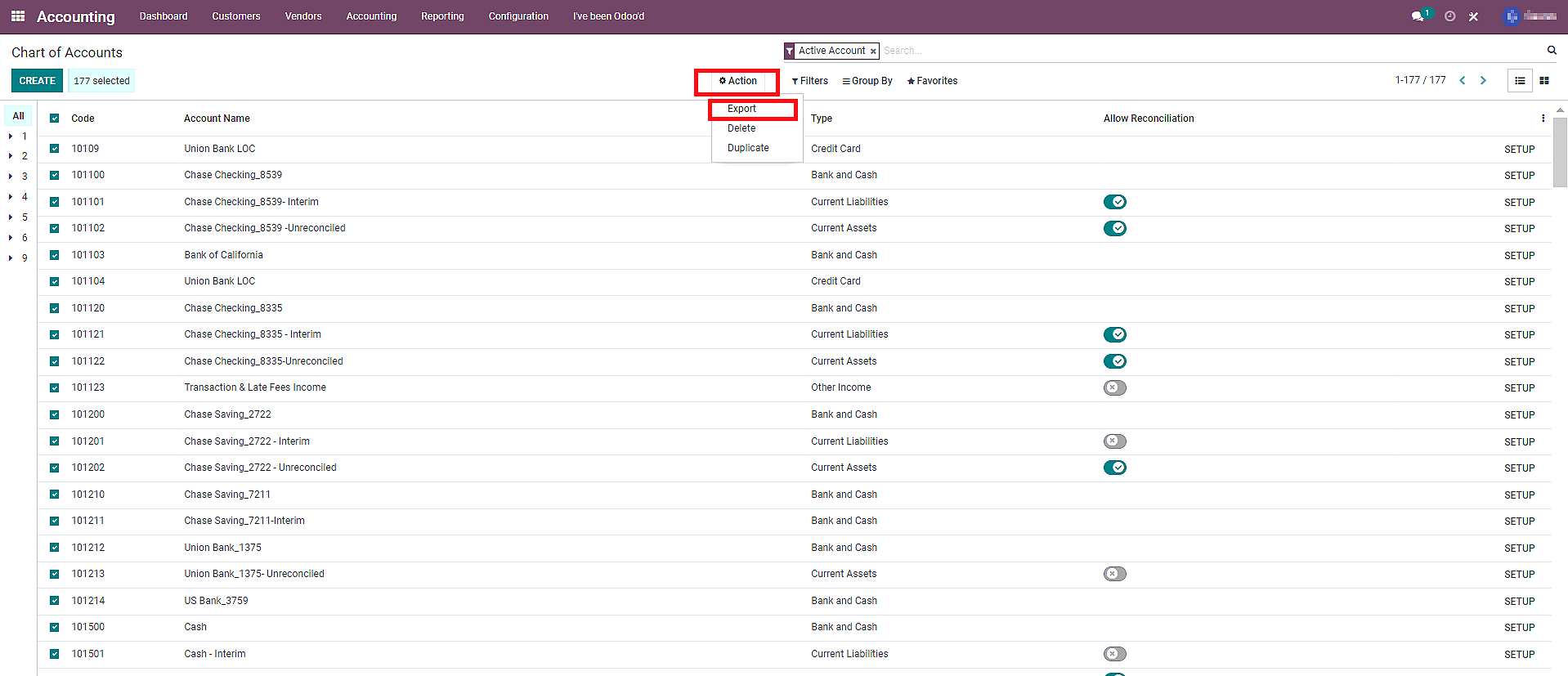 chart of accounts odoo Click on the “Action” button > “Export”.