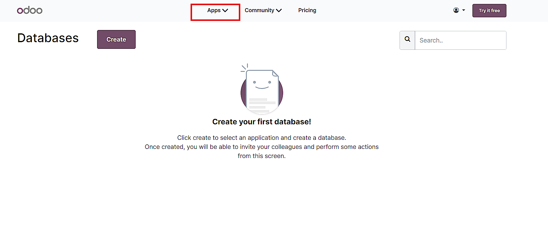 After logging in to odoo.com, click on the “Odoo Apps” list.