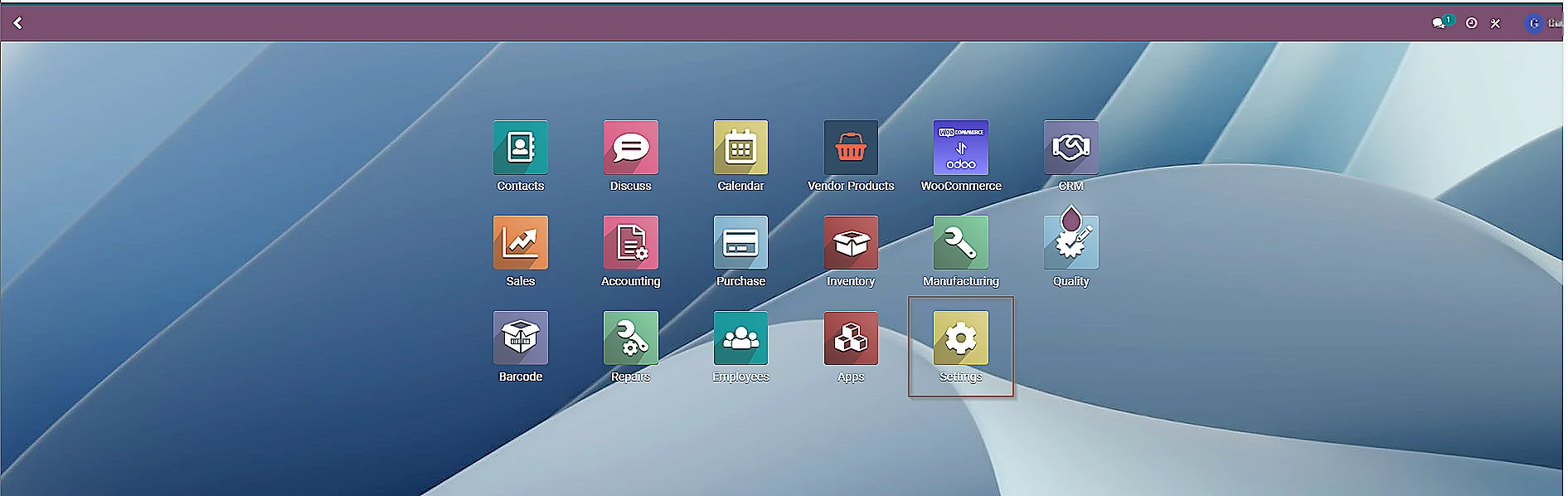Go to “Settings” on the Odoo dashboard.