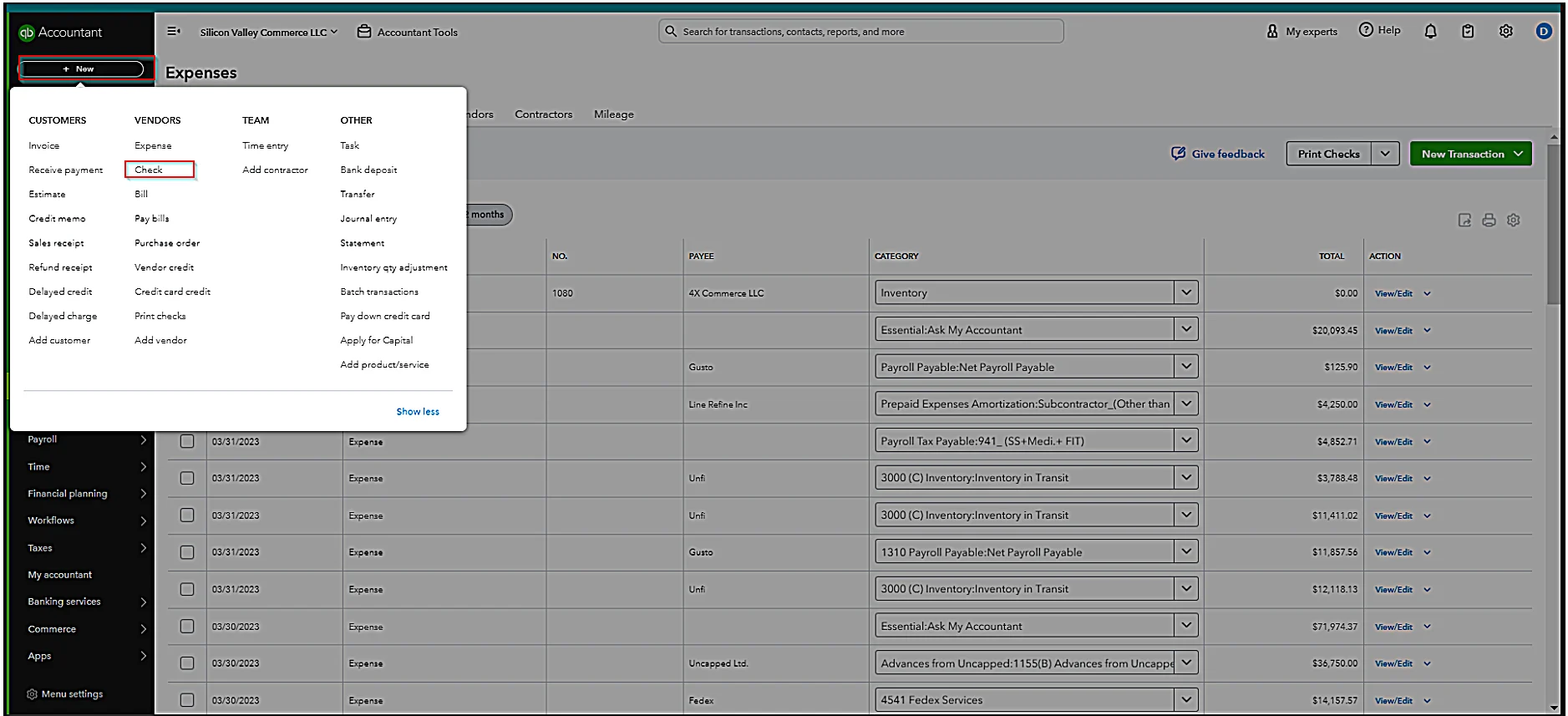 Void a Check in Quickbooks Choose "Check" under the Vendors section.