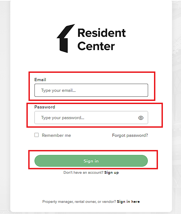 Buildium’s Resident Centre sign in page