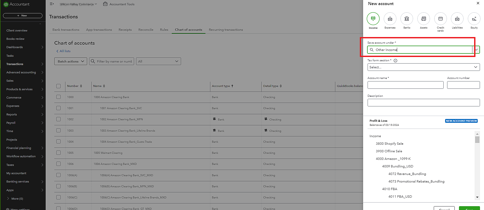 Select “Other Income Account” under “Account Type”.