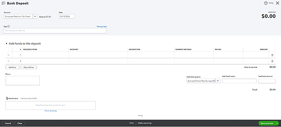 Using the account created above, form a new deposit transaction.