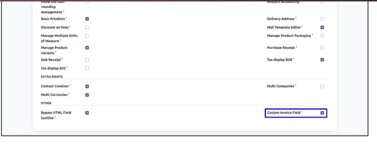 Scroll down to the bottom of the page to enable the Odoo Custom Invoice Template.