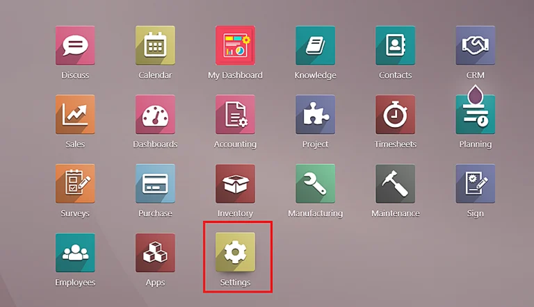 Go to the “Settings” app in the Odoo dashboard.