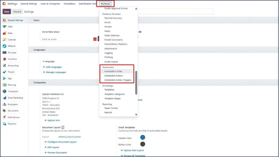 Go to: Settings > Technical > Automation > Scheduled Actions