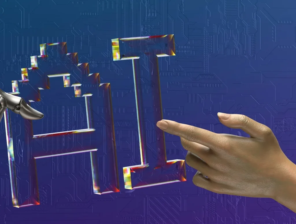 Human hand and robot hand reaching toward AI lettering, representing AI-assisted daily bookkeeping in NetSuite