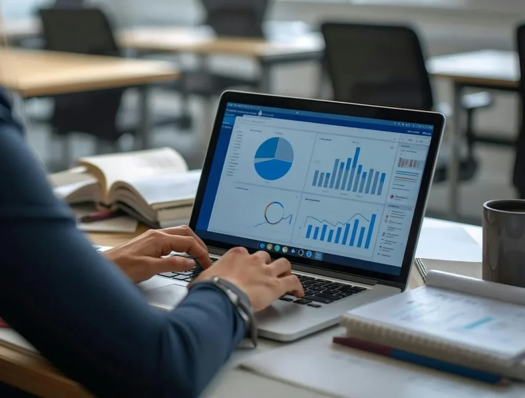 Person at a laptop reviewing charts and reports while catching up and cleaning up NetSuite books