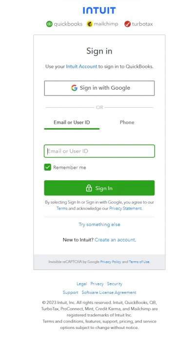 A screenshot of the QuickBooks Online Login page